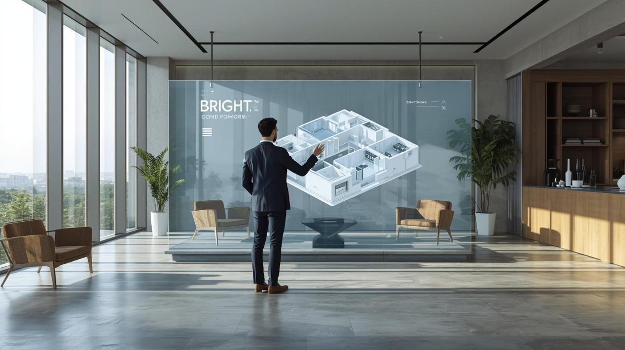 Professional viewing interactive condo layout on digital screen inside bright modern showroom.