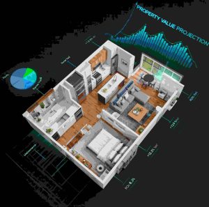 High‑resolution visual of a sleek condominium floorplan overlayed with digital financial charts showing investment trends — representing the integration of property layout and finance technology insights.